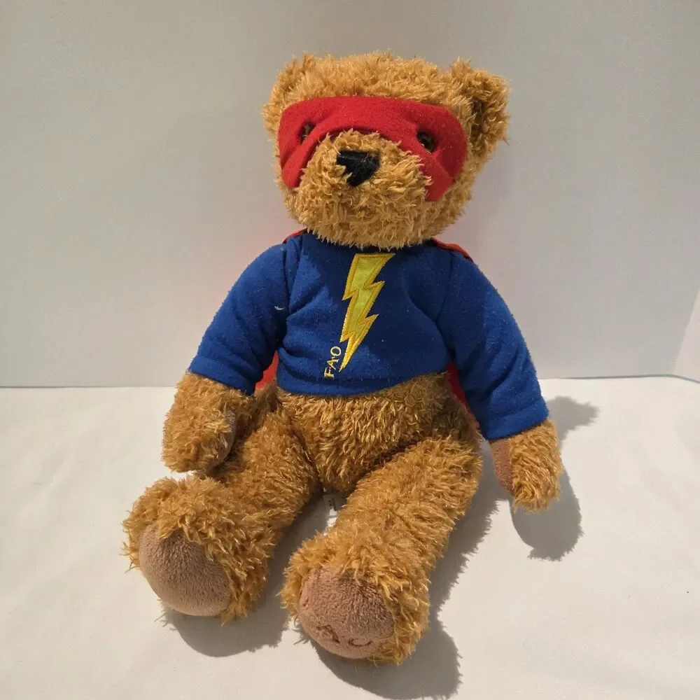 FAO Schwarz Super Hero Teddy Bear Brown Blue Shirt Plush Toys R Us Stuffed 11